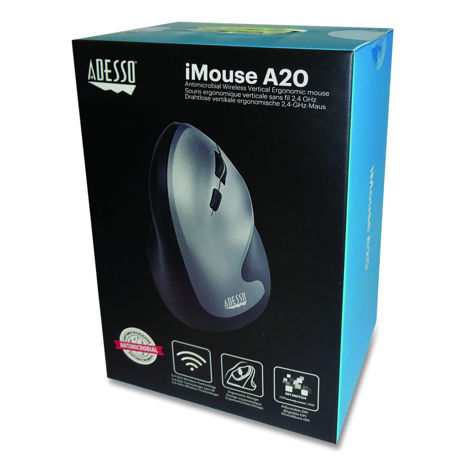 Adesso Inc iMouse A20 Antimicrobial Vertical Wireless Mouse, 2.4 GHz Frequency/33 ft Wireless Range, Right Hand Use, Black/Granite